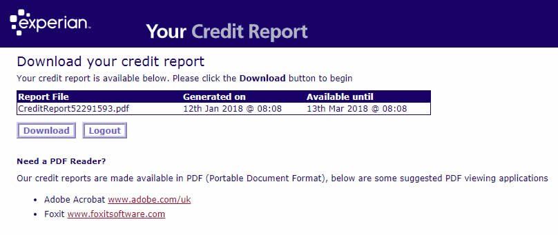 Experian Statutory Credit Report Download Page
