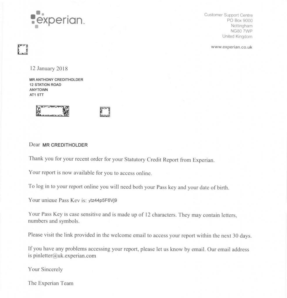 Experian Statutory Credit Report Pass Key Letter